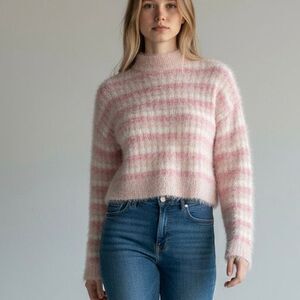 Candie's XS Pink Fuzzy Striped Sweater Preppy Romantic Artsy 90s Girly Retro Chi